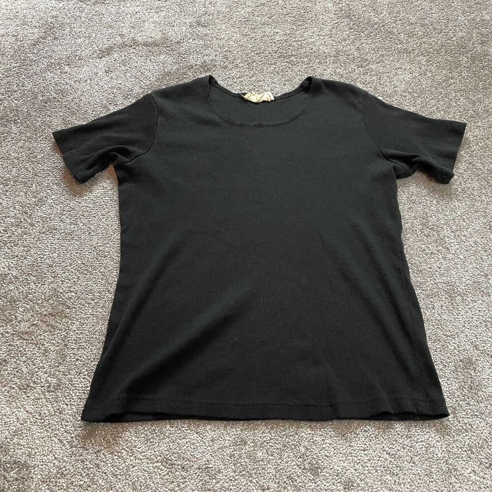 LA Exchange Shirt Womens Large Black Short Sleeve Ribbed Cotton Scoop Vintage